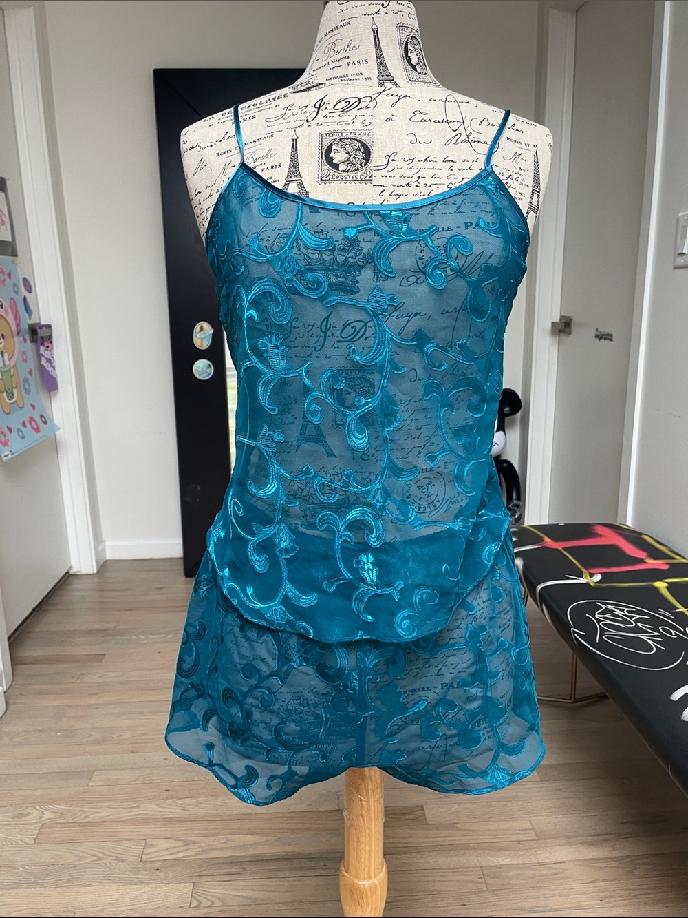 Gilligan & O'Malley Teal Embroidered Sheer top and short